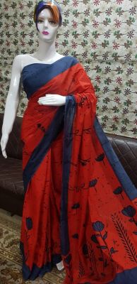 NEW PURE COTTON MULMUL HAND BLOCK PRINTED SAREE WITH BLOUSE-Red & Blue Pallu Design