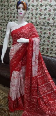 NEW PURE COTTON MULMUL HAND BLOCK PRINTED SAREE WITH BLOUSE-Red & White Print