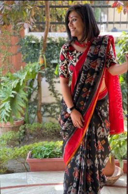 NEW PURE COTTON MULMUL HAND BLOCK PRINTED SAREE WITH BLOUSE-Black & Multi Color Printed