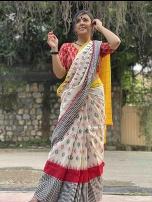 NEW PURE COTTON MULMUL HAND BLOCK PRINTED SAREE WITH BLOUSE-White Multi Color Design