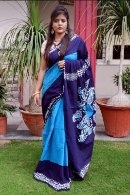 NEW SUMMER HAND BLOCK PRINTED COTTON MULMUL SAREE WITH UNSTITCHED BLOUSE-Dark Blue & Light Blue Combination