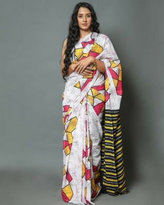 NEW SUMMER HAND BLOCK PRINTED COTTON MULMUL SAREE WITH UNSTITCHED BLOUSE-Multi Printed 