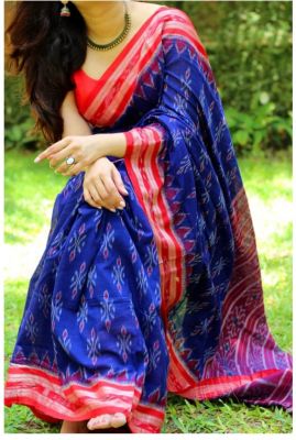NEW SUMMER HAND BLOCK PRINTED COTTON MULMUL SAREE WITH UNSTITCHED BLOUSE-Blue & Red Pallu Printe 