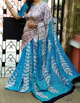 NEW SUMMER HAND BLOCK PRINTED COTTON MULMUL SAREE WITH UNSTITCHED BLOUSE White & Light Blue Printed