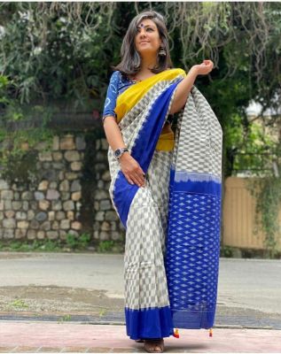 NEW SUMMER HAND BLOCK PRINTED COTTON MULMUL SAREE WITH UNSTITCHED BLOUSE-White Blue & Yellow Printe
