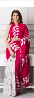 NEW SUMMER HAND BLOCK PRINTED COTTON MULMUL SAREE WITH UNSTITCHED BLOUSE-Pink & White Flower Printed