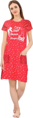 SWANGIYA Women's PRINTED SHORT GOWN Nighty (Red)