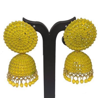 Yellow Metal Oxidised Silver Jhumka Earrings for Women & Girls